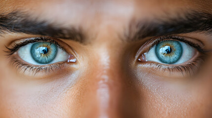 Naklejka premium Intense blue eyes, close-up, man, sunlight, background blur, advertising