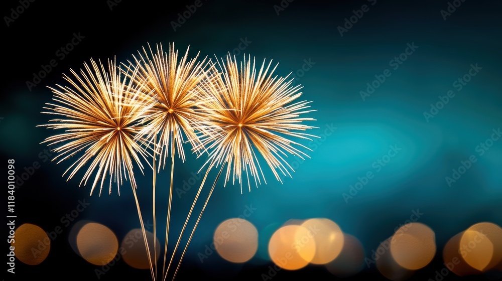 Aufkleber multiple golden fireworks bursting simultaneously, creating a breathtaking display of color, light, 
