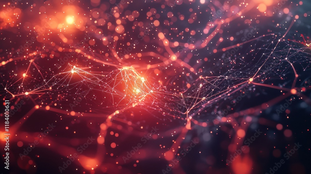 Poster abstract network connection, digital data flow, red and orange hues, interconnected nodes, glowing p