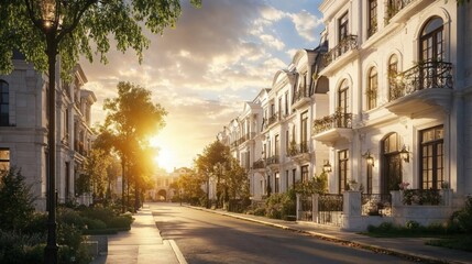 Obraz premium residential street lined with white, elegant houses at sunset, basking in warm golden light, exuding charm and tranquility