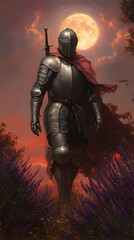 A lone knight in shining armor walks through a lavender field at sunset, under the glow of a full moon.  The scene is evocative of a medieval fantasy,