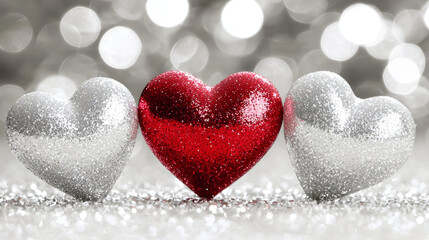 Obraz premium Sparkling red and silver hearts on glittering background.