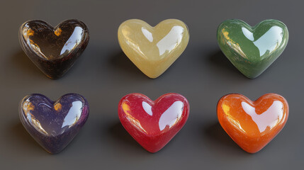 Obraz premium Six glossy heart-shaped objects in various colors.
