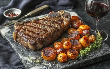 A thick porterhouse steak resting on a marble plate, accompanied by roasted vegetables and a glass of red wine in a classy restaurant setting