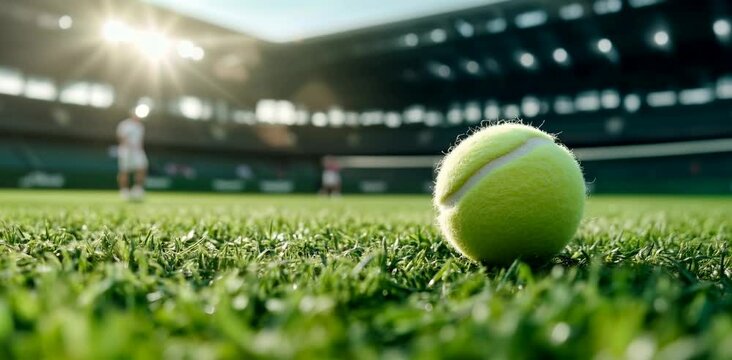 Tennis ball on grass court with stadium lights and player. Sports equipment retailers, tennis academies, tournament organizers