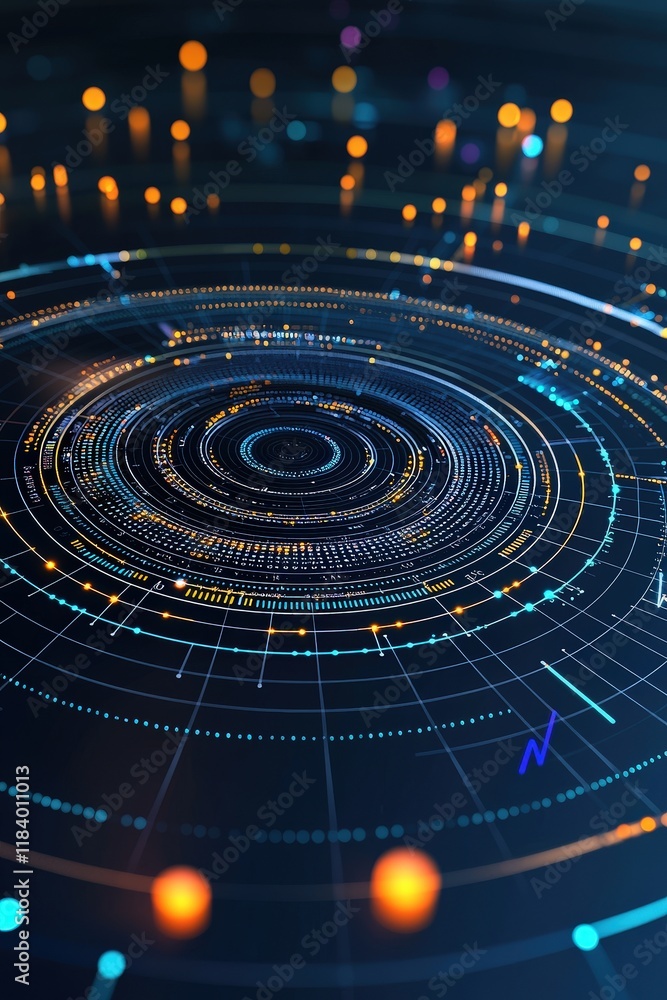 Poster abstract radial data charts glowing with predictive analytics overlays