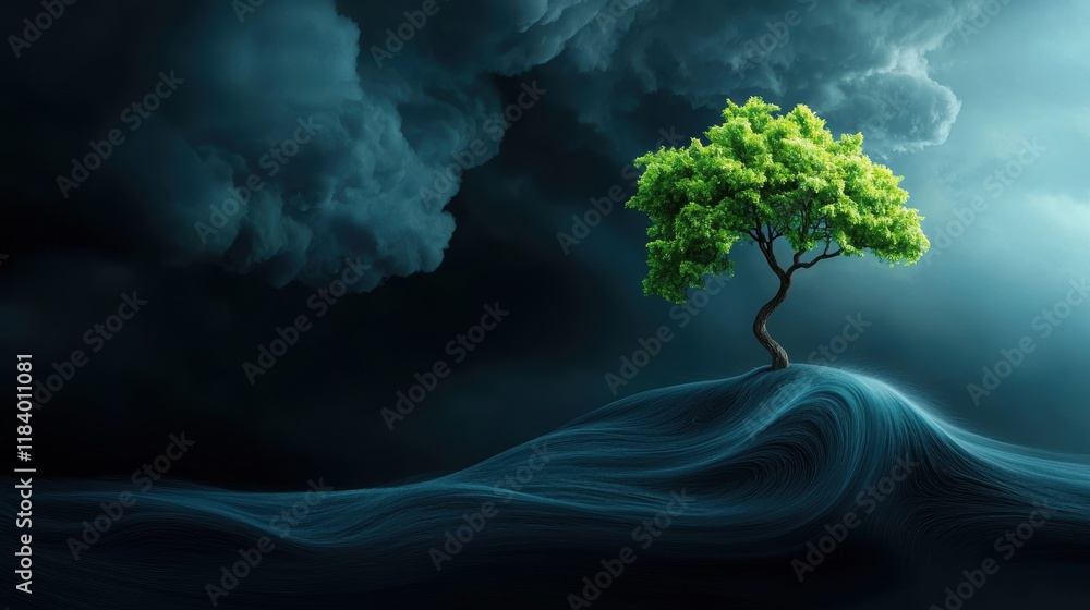 Poster a lone tree standing tall against a backdrop of dark storm clouds, with strong winds bending its bra