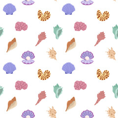 Seashell seamless pattern. Summer time, beach, holidays. Water, sea life. Vector isolated on white background	