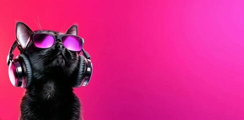 Black cat with sunglasses and headphones on pink gradient. Music brands, social media content, youth lifestyle blogs
