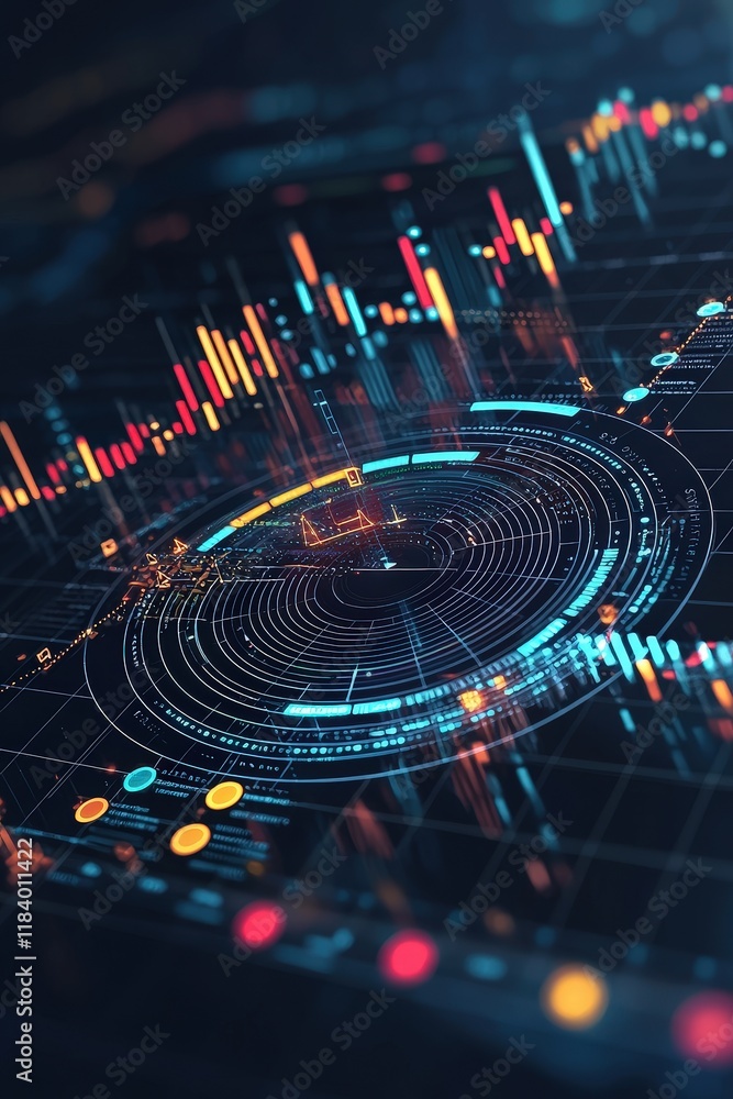 Poster abstract radial data charts glowing with predictive analytics overlays