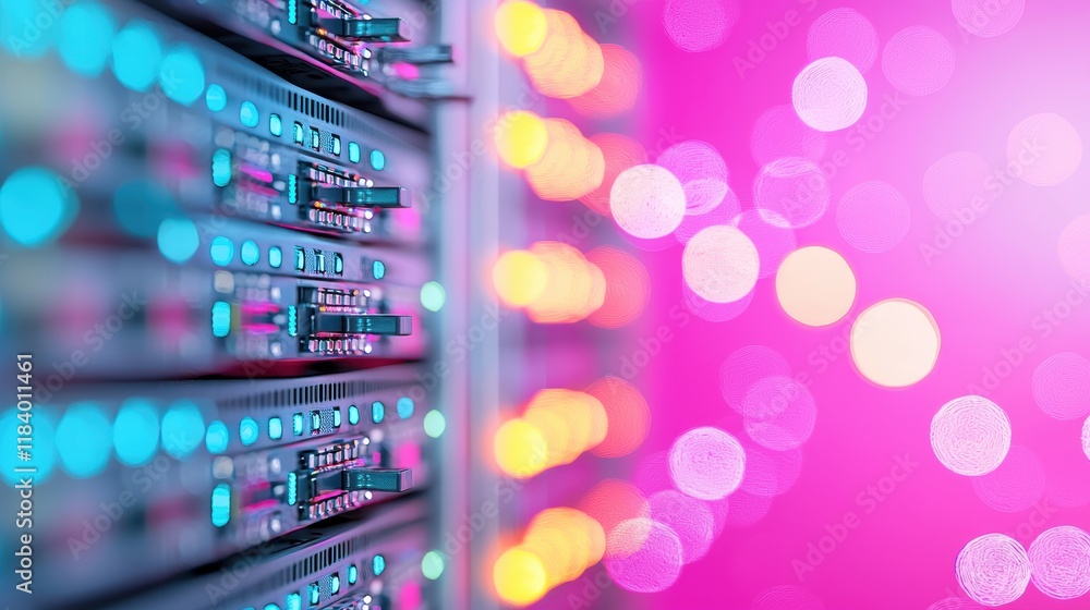 Poster a server room with rows of servers, network switches, and routers, illuminated by led lights, repres