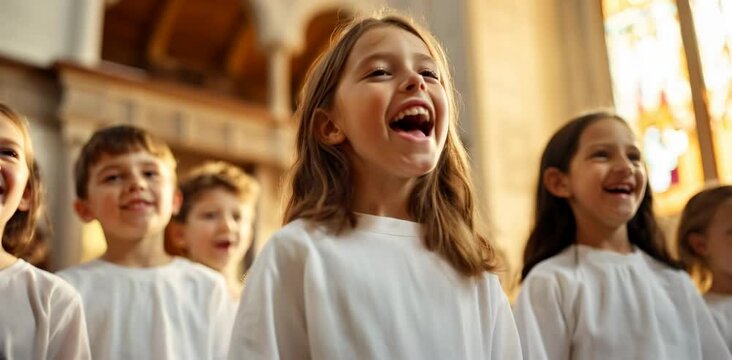 Children choir singing in church with stained glass windows. Religious education centers, youth music programs, church services