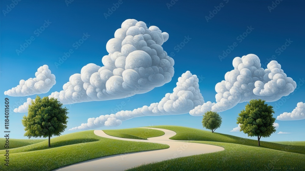 Poster large rounded cumulus clouds resembling cotton balls, casting shadows on the landscape below and cre