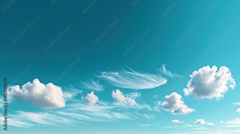 Poster wispy feathery cirrus clouds streaking across a deep blue sky, creating a sense of movement and heig