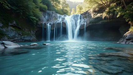 Naklejka premium Serene Silver Waterfall, Pristine Nature and Water Conservation Photography
