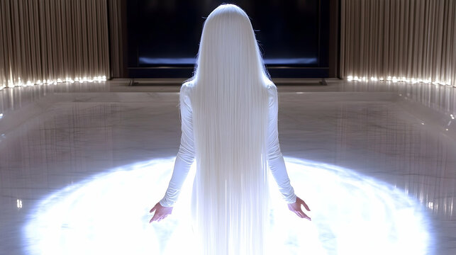 18h WHITE CLEAN LIVING ROOM BACKGROUND, A BEAUTIFUL LONG HAIR BLONDE YOUNG GIRL, watching large TV, 8k hd