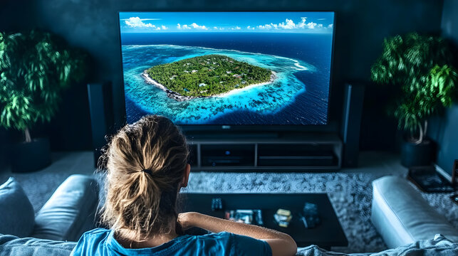 18h WHITE CLEAN LIVING ROOM BACKGROUND, A BEAUTIFUL LONG HAIR BLONDE YOUNG GIRL, watching large TV, 8k hd