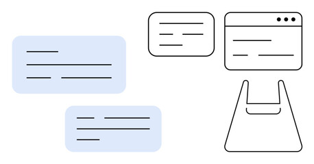 Computer monitor, browser window, messaging and chat boxes with text lines. Ideal for digital communication, online feedback, user interface design, customer support, virtual interaction, information