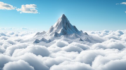 A lone mountain peak piercing through a sea of clouds, with the summit bathed in sunlight and creating a sense of isolation and serenity.