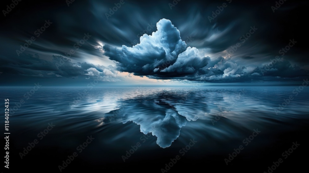 Poster dark brooding clouds reflecting in the vast expanse of the ocean, creating a sense of mystery and dr