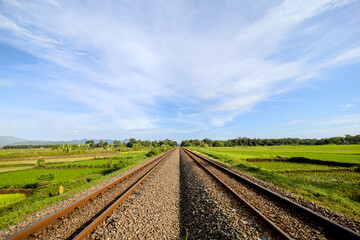 Obraz premium Railway Tracks Across Green Rice Fields on a Sunny Morning. Two-Way Railway Lines Through Rice Fields Under Clear Skies. Serene Morning View of Railway Tracks and Rice Paddies