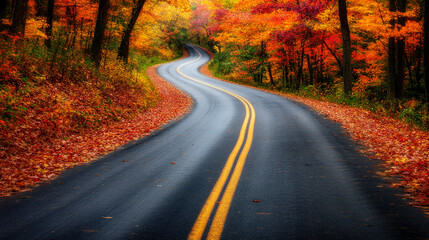 Fototapeta premium Road with fallen leaves in beautiful forest on autumn season.