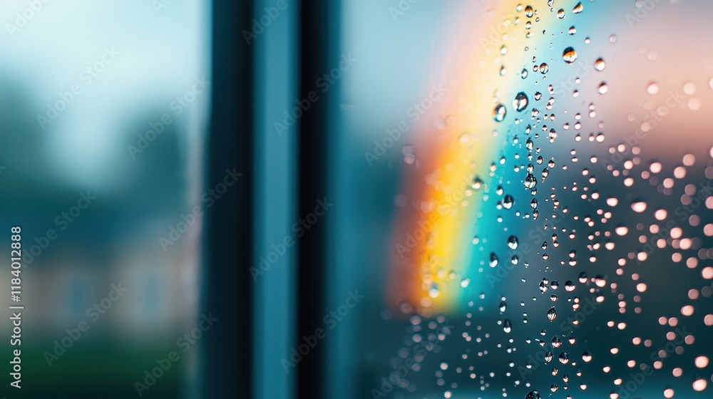 Poster a close up shot of raindrops clinging to a windowpane, with a rainbow reflected in the water droplet
