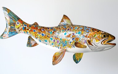 A whole trout with vibrant scales suspended dynamically mid-air on a clean white background