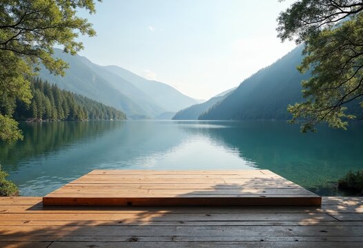 Wooden pier on a calm lake with mountain views. Concept of tranquility, peace, and relaxation. - Powered by Adobe