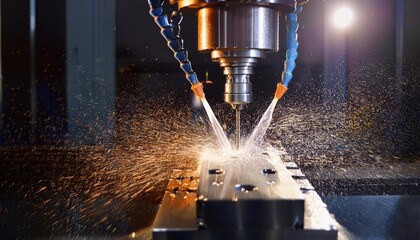 CNC milling machine processing on steel with cooling