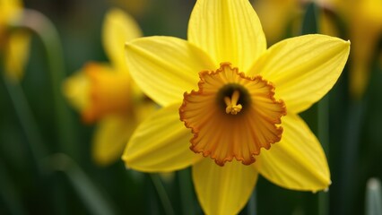 Bright Yellow Daffodil Flower Close-Up with Green Background

