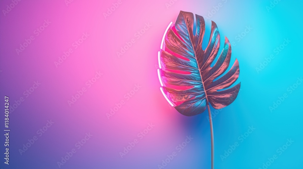Poster a single monstera leaf with dramatic shadows cast upon it by a hidden neon light source, creating a 