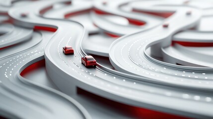 Red cars navigating complex road network, abstract background, transportation concept