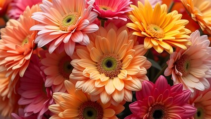 Vibrant Peach-Colored Gerbera Daisy Bouquet, Close-Up Floral Composition of Colorful Flowers