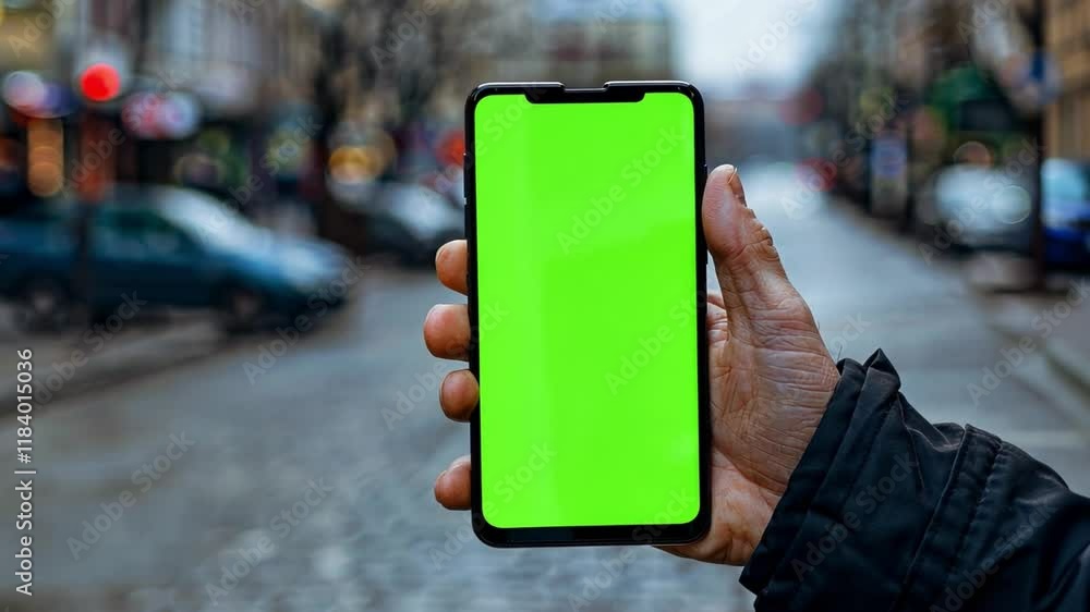 Poster a hand displays a smartphone with a green screen while standing in a deserted urban street. the back