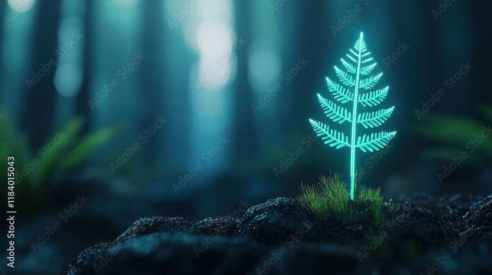 Aufkleber a dark background with a single, upward facing neon arrow pointing towards a single, delicate fern l