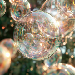 A mesmerizing cluster of soap bubbles with rainbow reflections, floating in mid-air against a soft-focus background, creating a magical and enchanting visual effect,soap bubbles, bubble cluster, rainb
