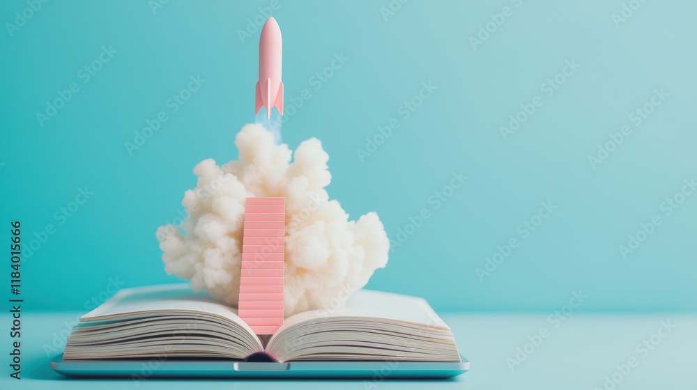 Poster an open book with its pages transforming into a flight of stairs leading towards a rocket launching 