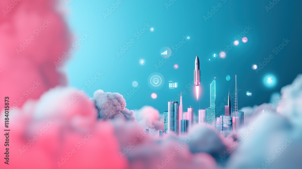 Aufkleber a futuristic cityscape with holographic projections of data streams and analytics surrounding a rock