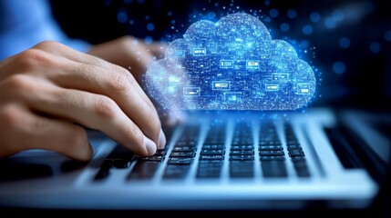 A hand typing on a laptop with a digital cloud overlay, symbolizing cloud computing.