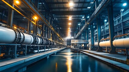 Obraz premium A modern desalination plant with rows of advanced filtration systems and pipelines, processing seawater into fresh water under bright industrial lighting 