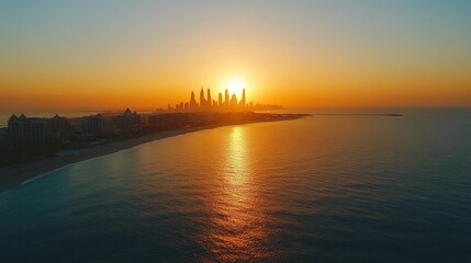 Naklejka premium Sunrise cityscape coastal aerial view, beach, ocean