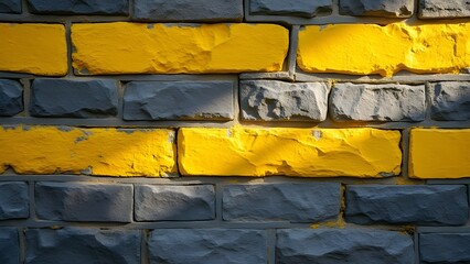 Vibrant Yellow Stripes on Weathered Grey Stone Wall, Architectural Texture Background