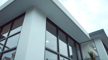 Modern Building Exterior with Large Windows and Overhanging Roofline