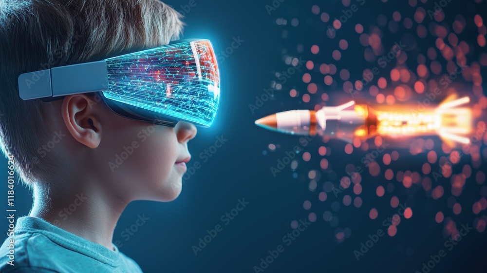 Poster a child wearing augmented reality glasses interacting with a holographic projection of a rocket engi