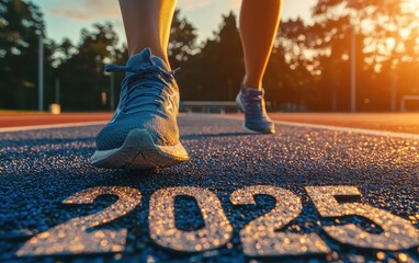 New year resolution 2025 concept. Word start 2025 written on athletics track and athlete woman runner preparing for new year at sunset for challenge and change. planning health and the goal to success