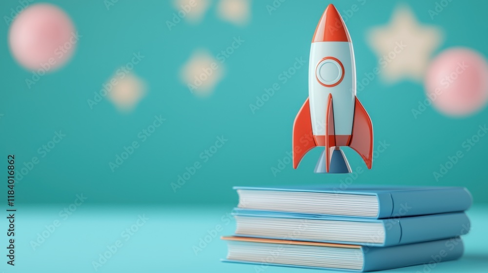 Poster a miniature rocket model standing tall on top of a stack of books next to a laptop displaying a succ