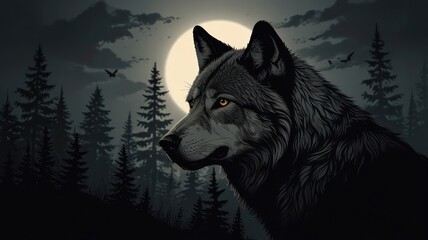 Majestic wolf silhouetted against a full moon in a dark forest at night.