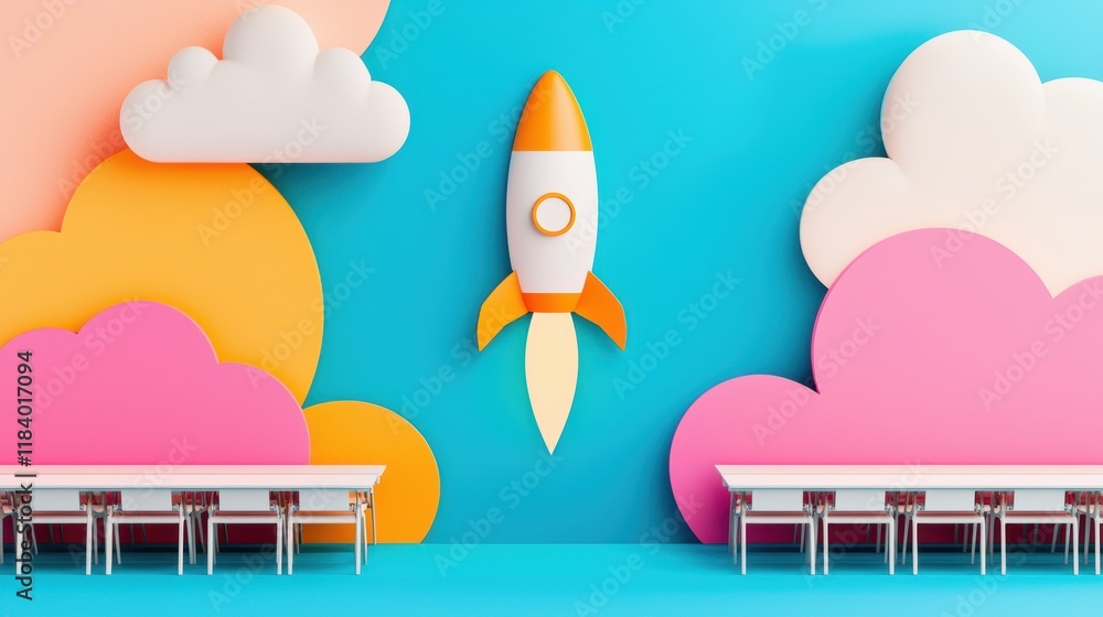 Poster a split screen image showcasing a traditional classroom with empty desks on one side and a vibrant o