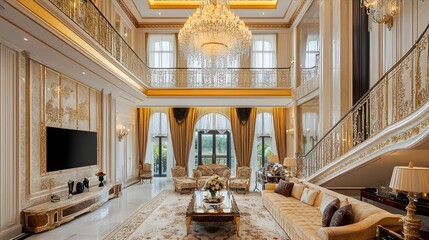 A stunning gold chandelier with intricate detailing hanging from an ornate ceiling, casting a warm and elegant glow over the luxurious room with high ceilings and lavish decor 